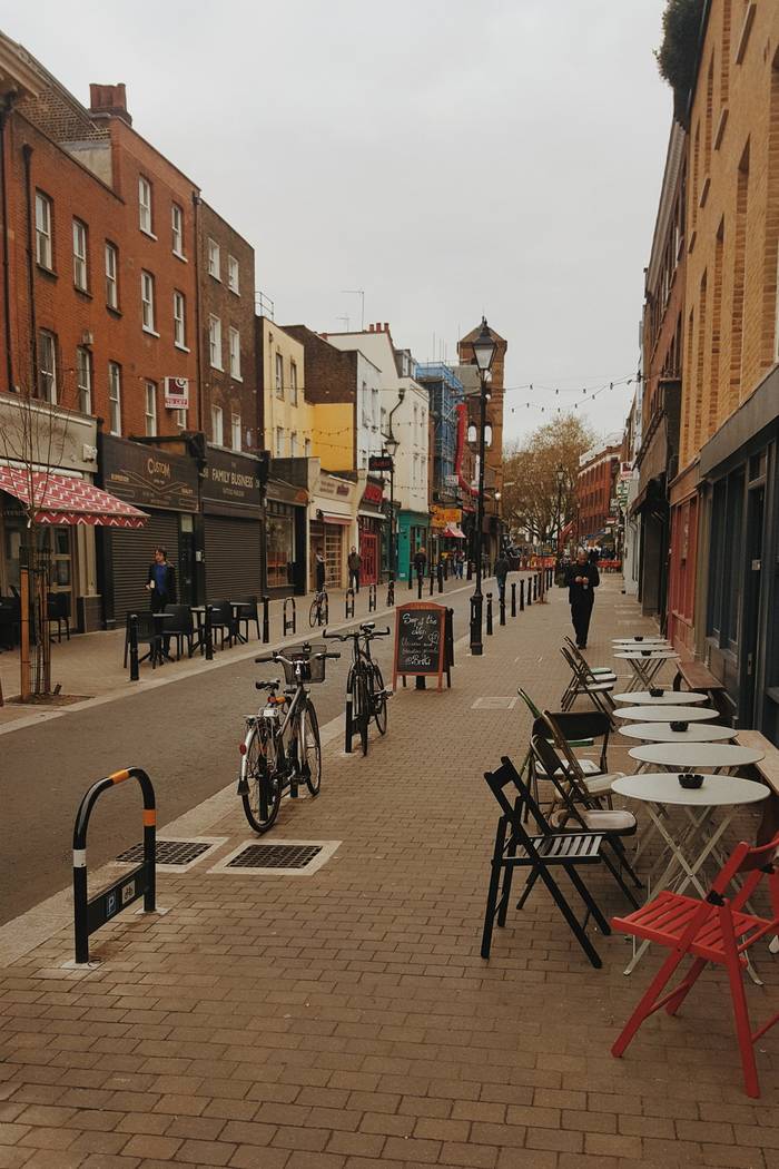 A lane full of shops and cafes in Islington