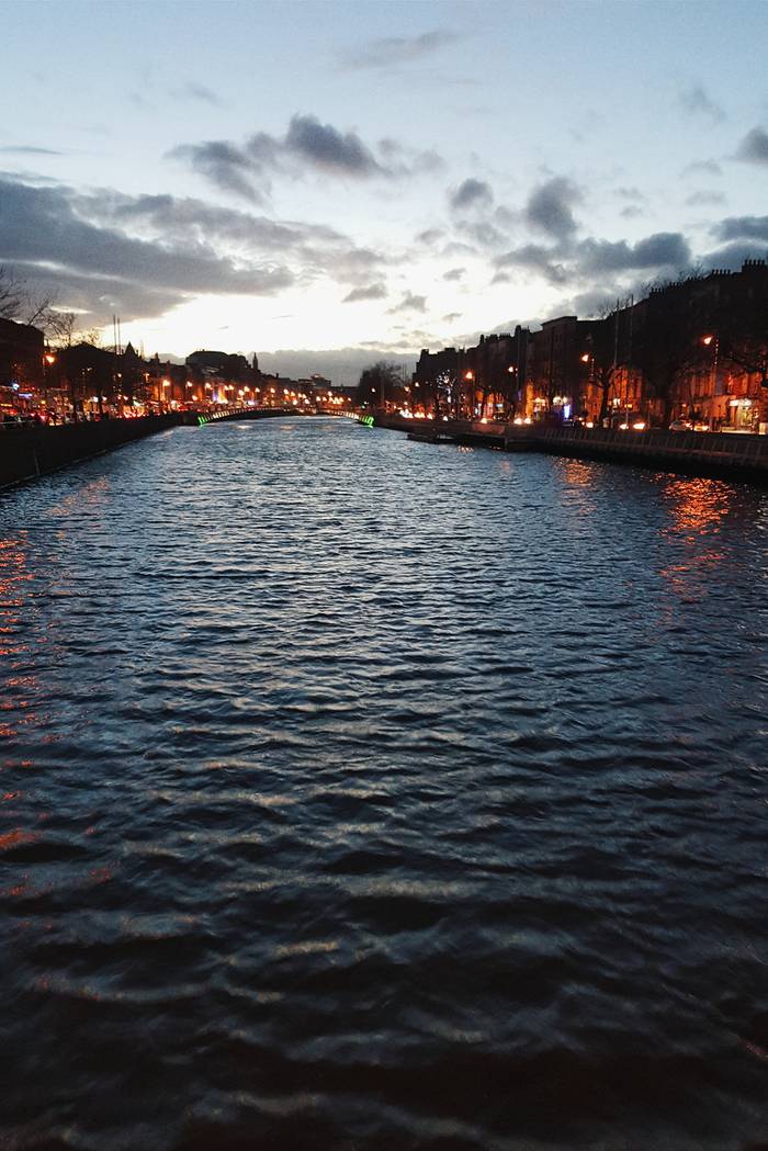 Looking toward the Ha'penny bridge across the Liffey River