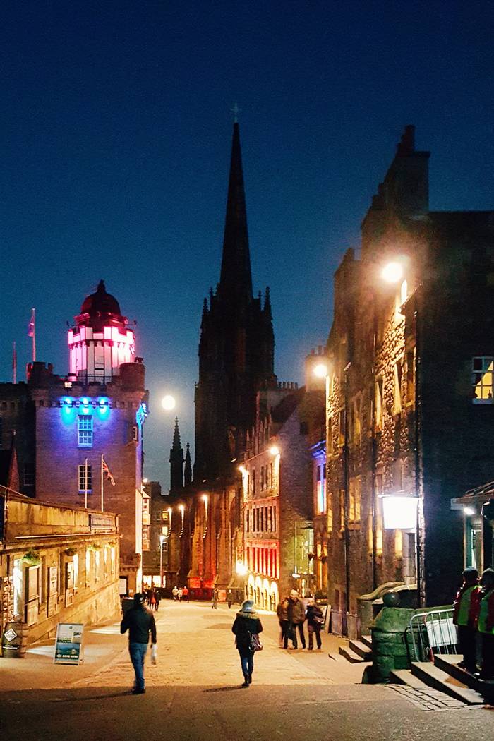 Looking down from the top of the Royal Mile at night