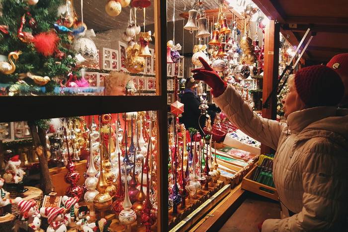 An assortment of christmas decorations on sale at the market