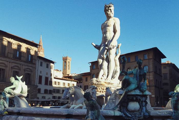 An ornate fountain at the Piazza della Signoria