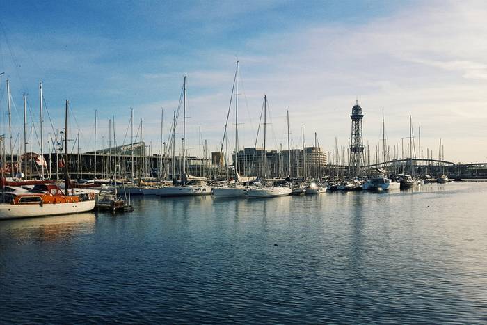 Boats anchored in Barcelona's waterfront area